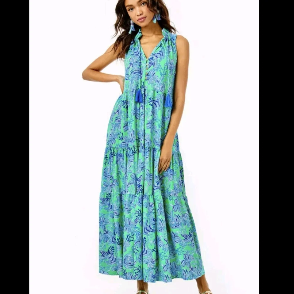 Lilly Pulitzer Green & Blue Tropical Print Maxi Dress - Picture 3 of 13